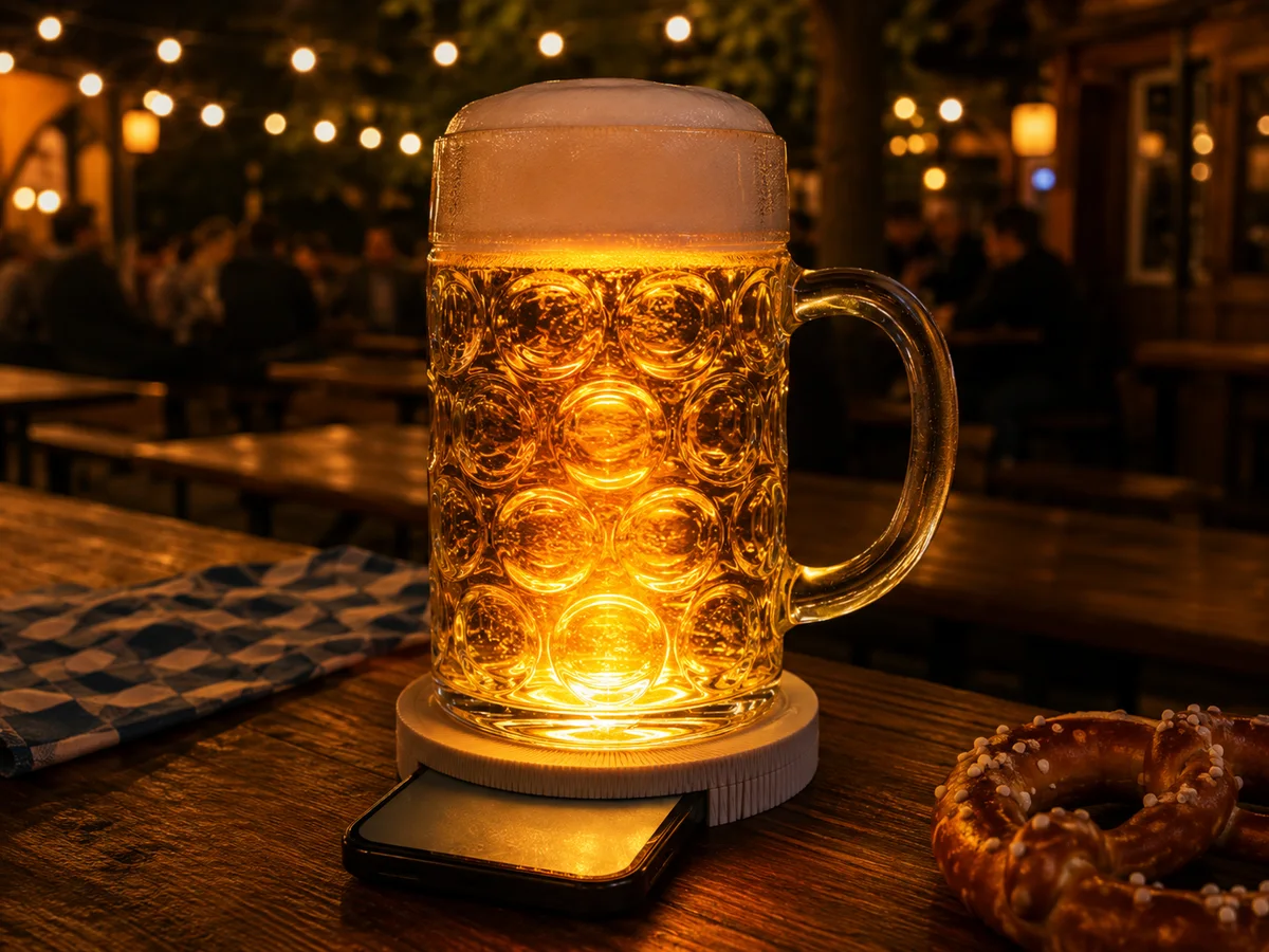Bierlampe unter dem Maß mit Smartphone darunter